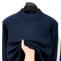 A navy blue men cable knit sweater crewneck pullover with ribbed collar and textured vertical patterns