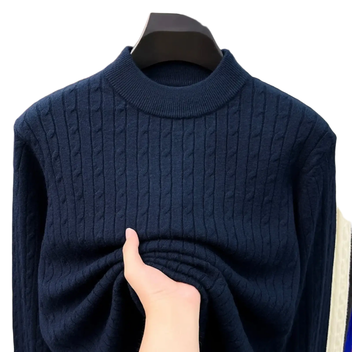 A navy blue men cable knit sweater crewneck pullover with ribbed collar and textured vertical patterns