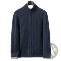 Dark blue men cable knit zip up cashmere cardigan sweater with ribbed cuffs and collar for casual wear
