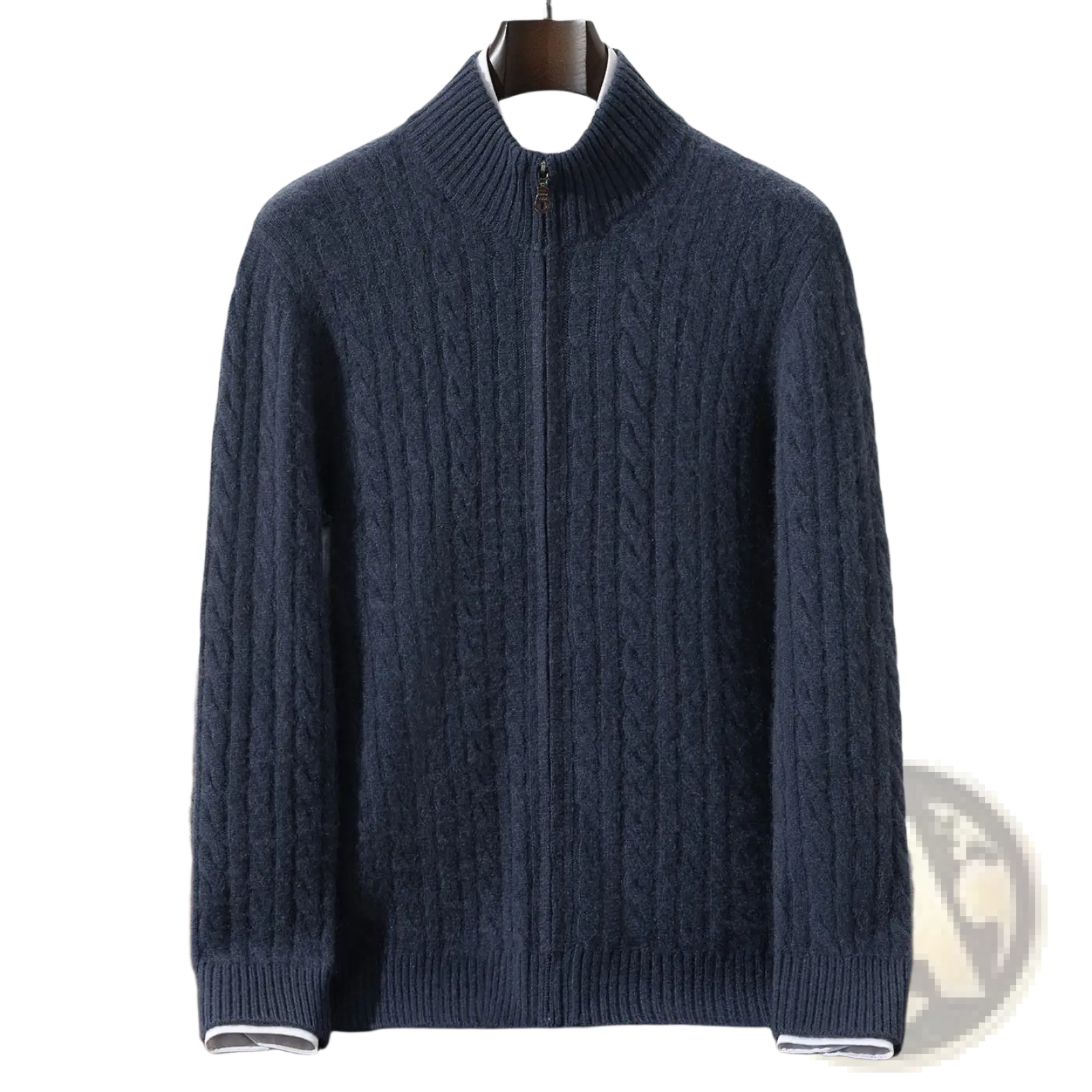 Dark blue men cable knit zip up cashmere cardigan sweater with ribbed cuffs and collar for casual wear