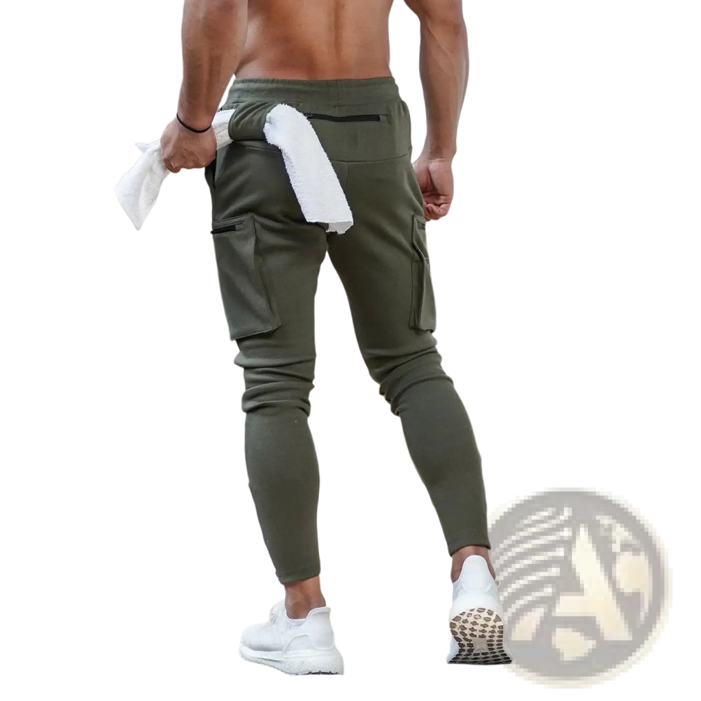 Men camouflage cargo joggers in olive green with multiple pockets and tapered fit for casual sportswear use