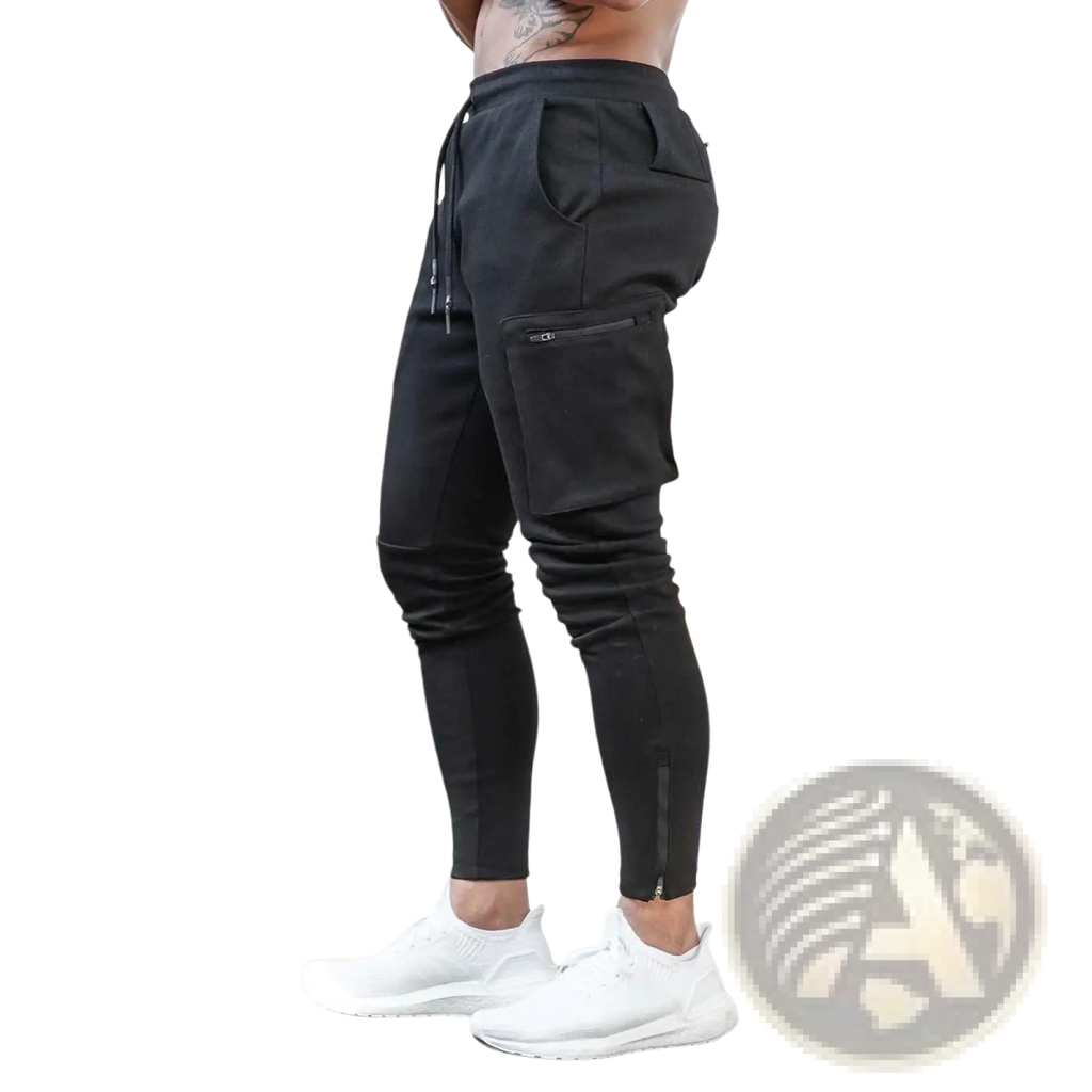 Men camouflage cargo joggers in black with zippered pockets and drawstring waistband for sportswear use