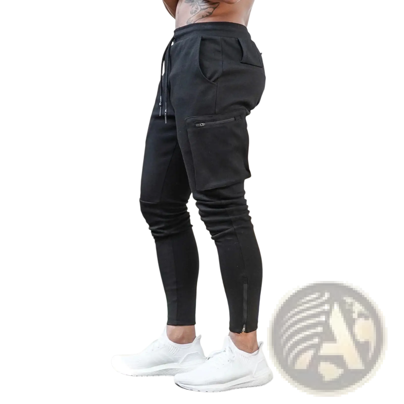Men camouflage cargo joggers in black with zippered pockets and drawstring waistband for sportswear use