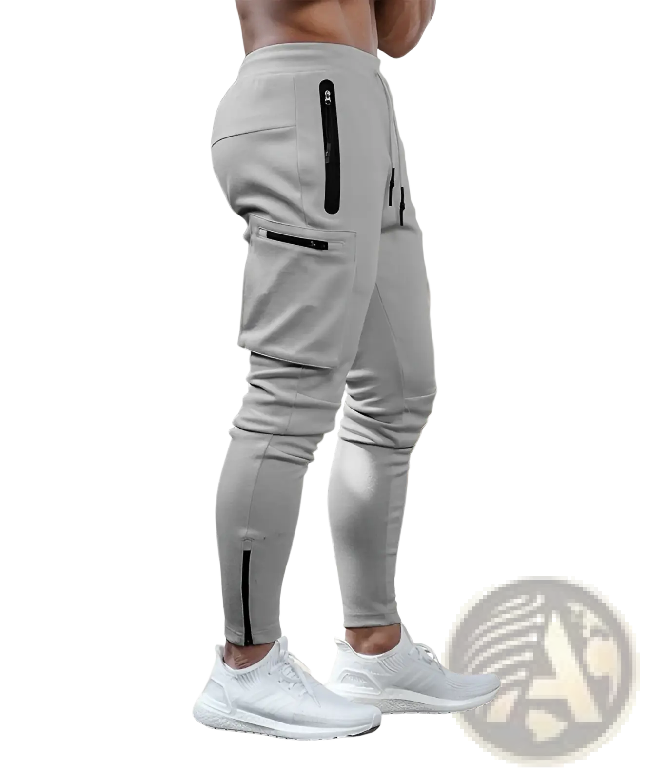 Men camouflage cargo joggers sports pants in gray athletic fabric with black zipper accents and side pockets