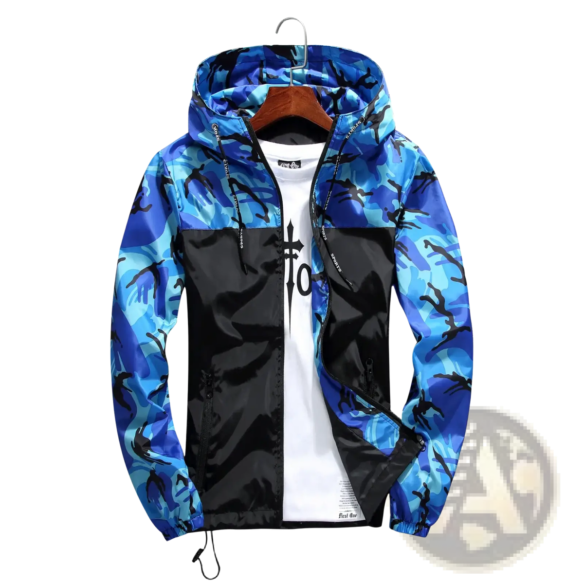 Men camouflage windbreaker jacket with blue and black hood and glossy black front panel for spring casual outerwear