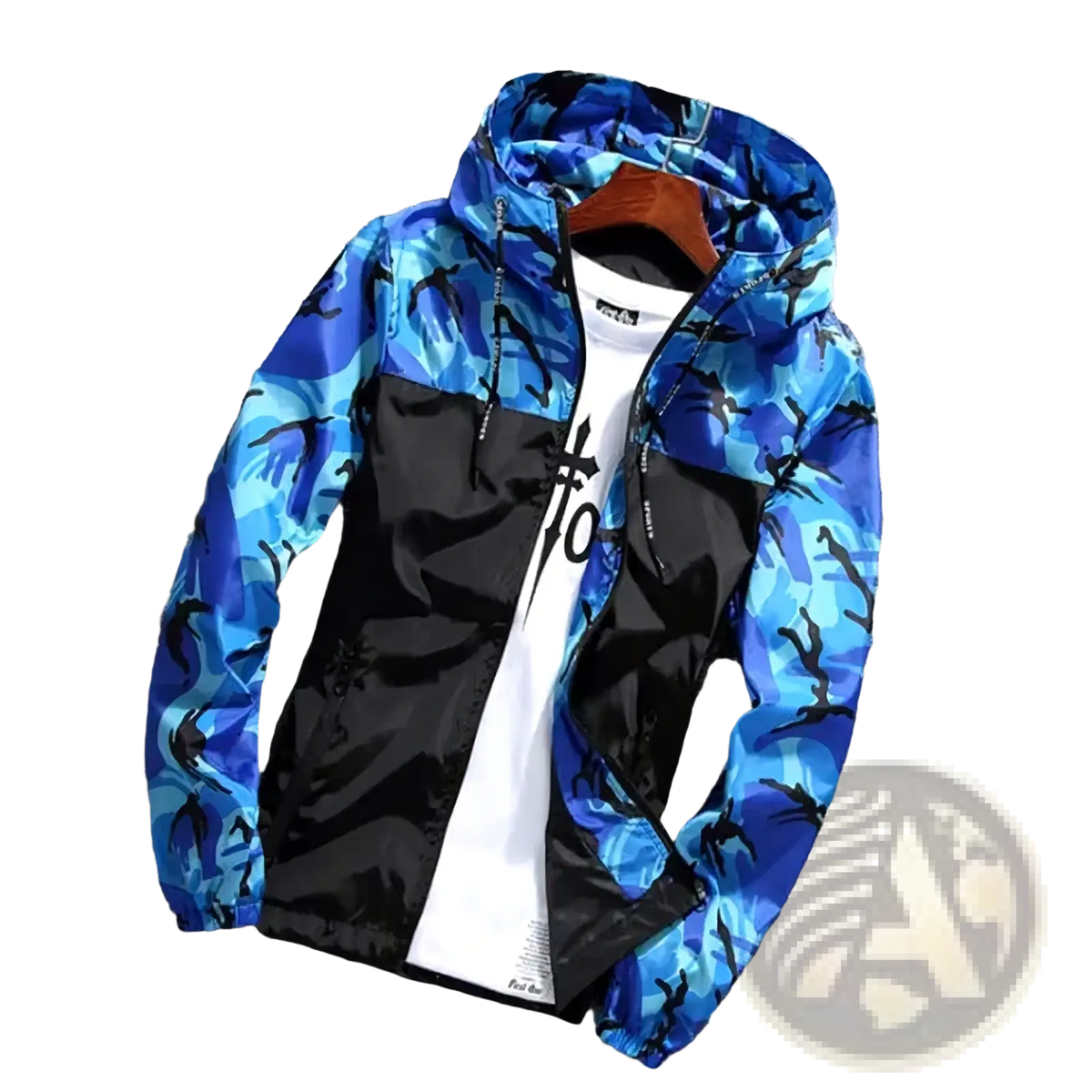 Men camouflage windbreaker jacket with blue and black hood and glossy black front panel spring casual outerwear