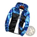 Men camouflage windbreaker jacket with blue and black hood and glossy black front panel for spring casual outerwear