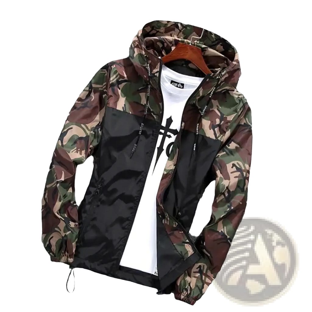 Men camouflage windbreaker jacket with hood and black panels worn over a white t-shirt for spring casual outerwear