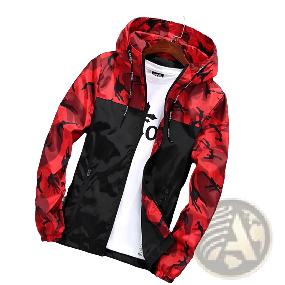 Men camouflage windbreaker jacket with red and black hooded design and contrasting solid black front panel for spring outerwear