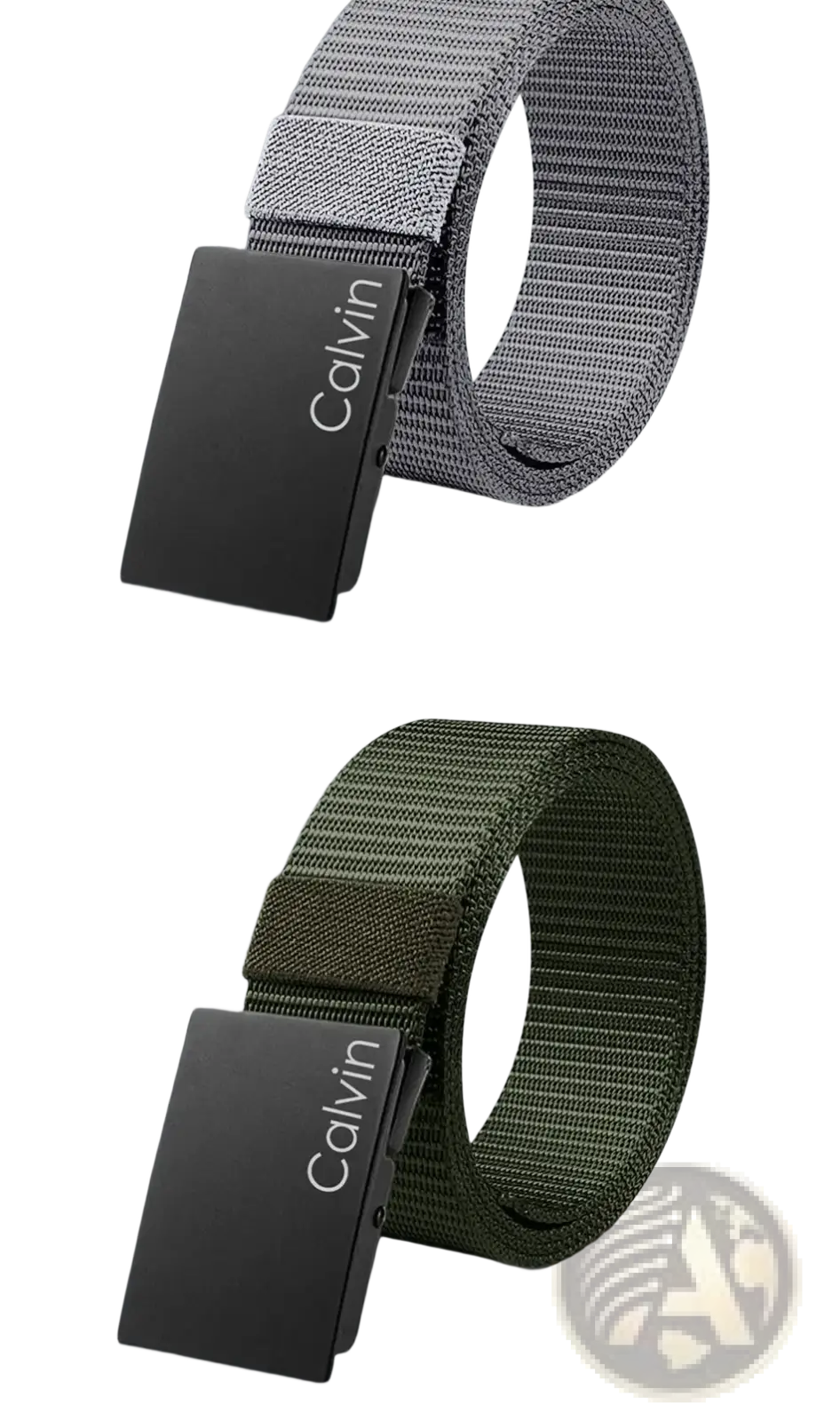 Calvin Klein men canvas belt with automatic matte black buckle and gray or olive green woven fabric strap for casual use