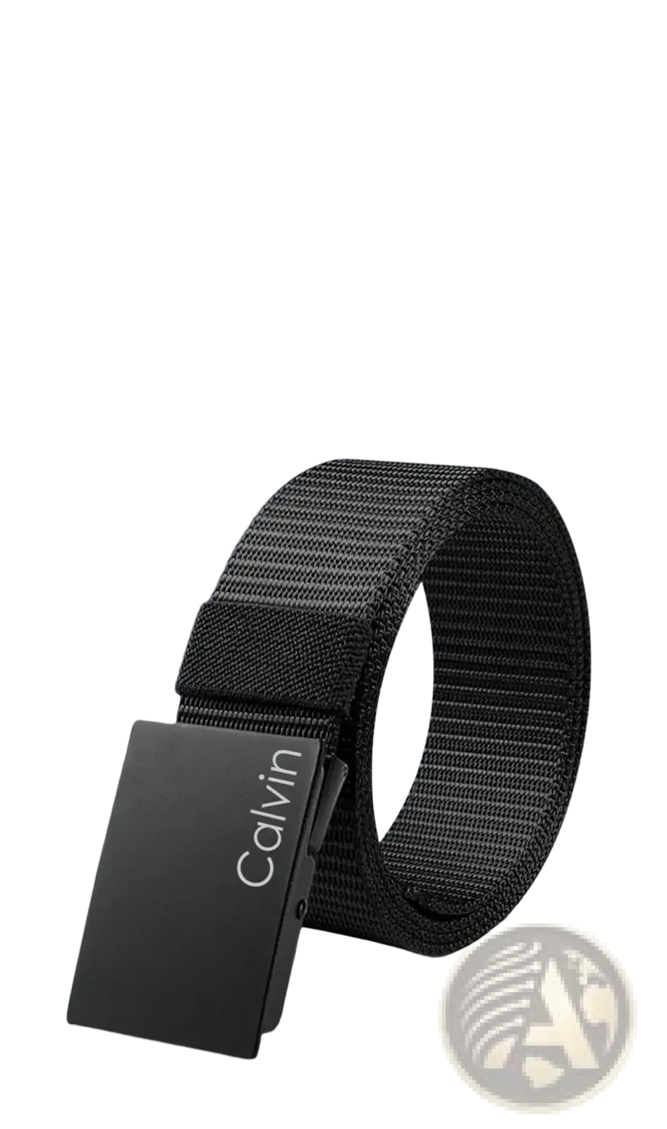 Black Calvin Klein men canvas belt with woven material and a sleek rectangular automatic buckle for casual wear