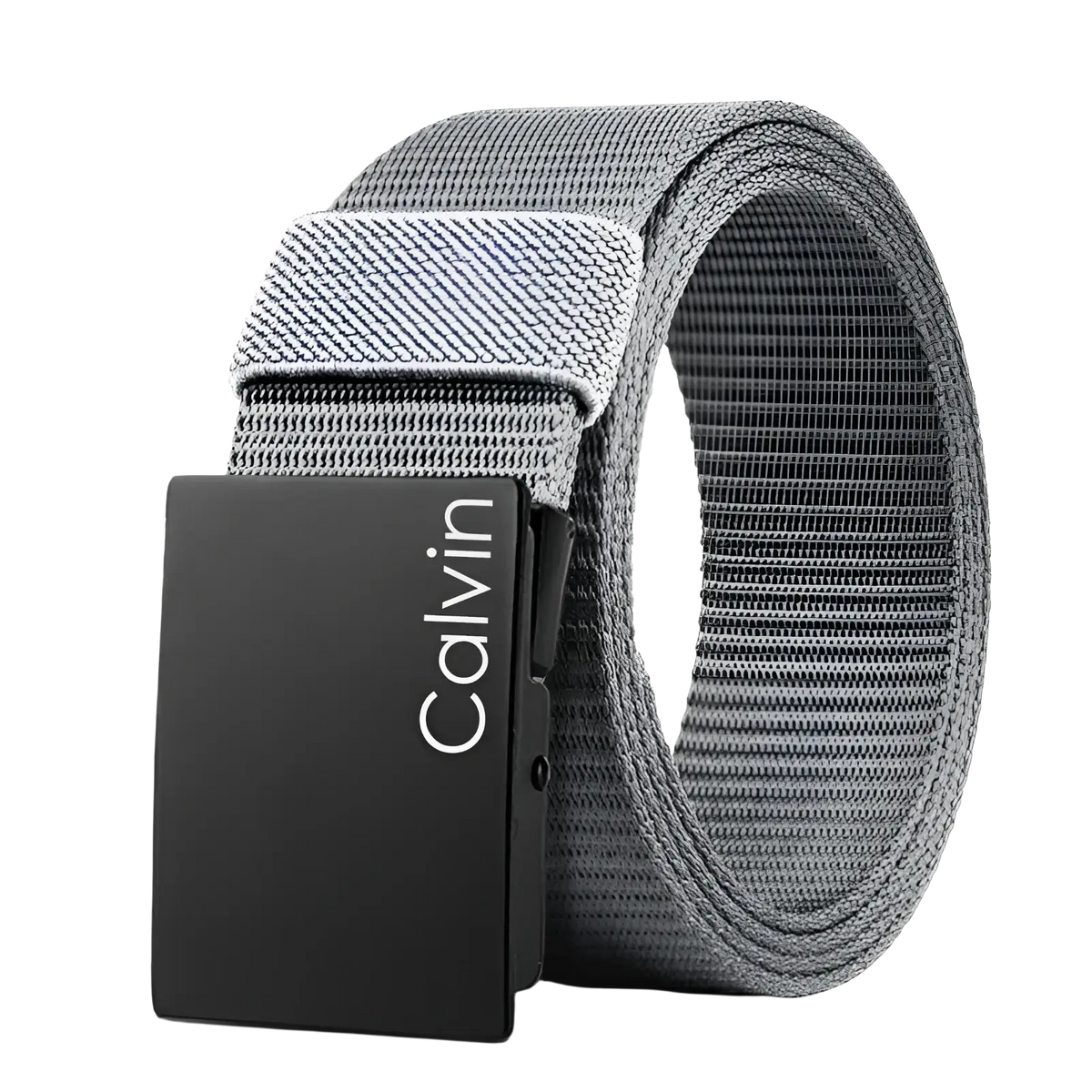 Gray Calvin Klein men canvas belt with an automatic black rectangular buckle for casual wear