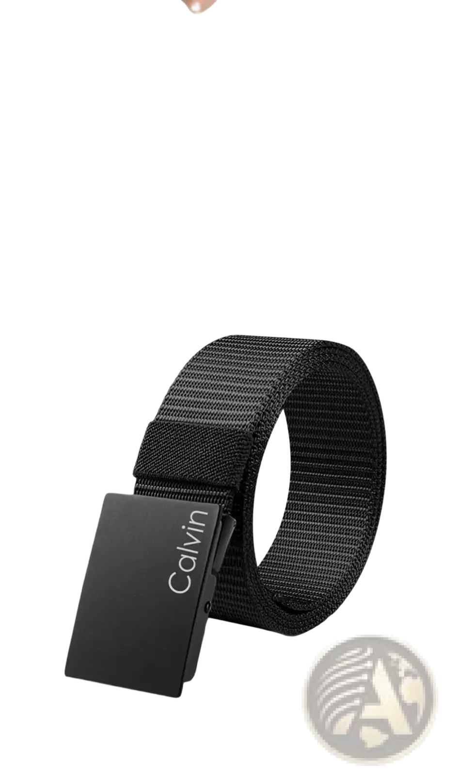 Black woven men canvas belt with automatic matte black rectangular buckle for casual use by Calvin Klein