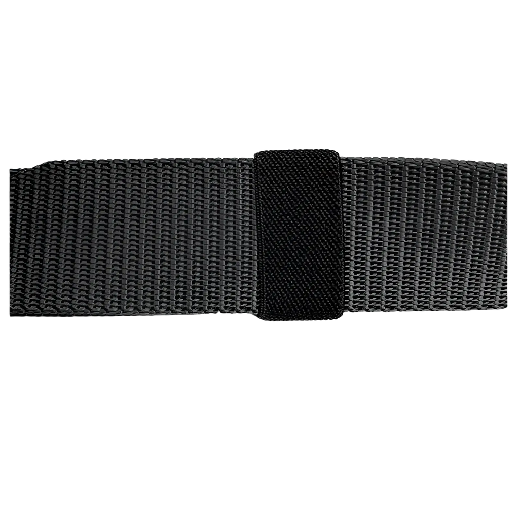 Men canvas belt automatic buckle in black showing back side woven fabric tail loop with matching elastic strap