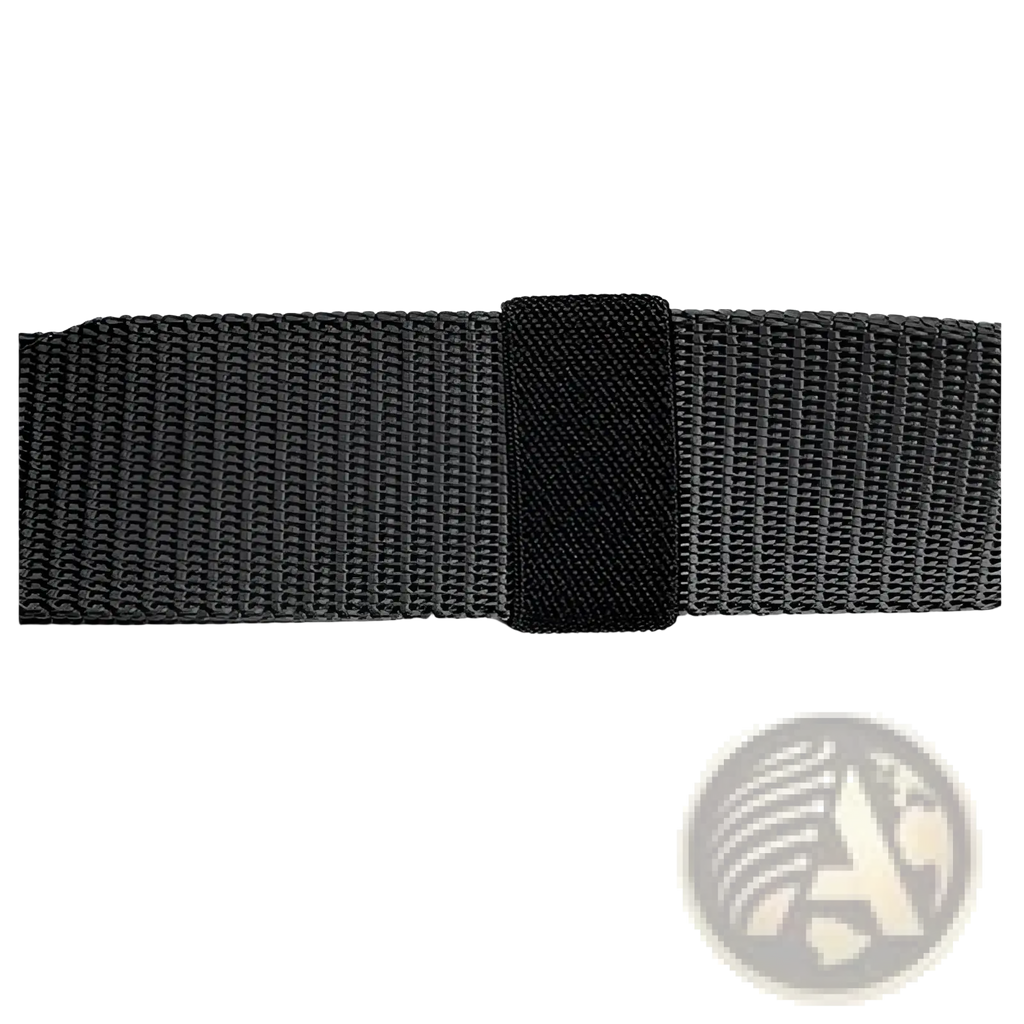 Men canvas belt automatic buckle in black showing back side woven fabric tail loop with matching elastic strap