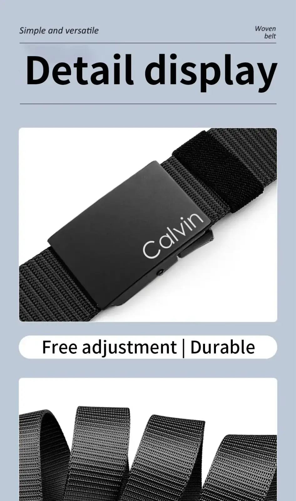 Black woven men canvas belt with sleek matte metal buckle engraved with calvin for casual wear