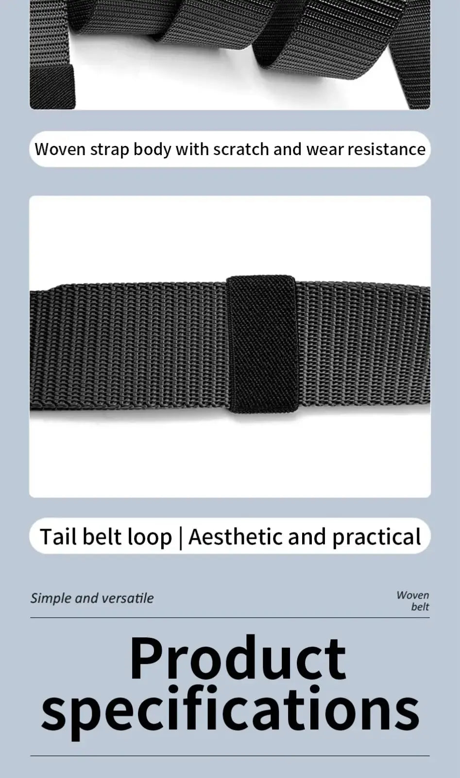Men canvas belt automatic buckle black woven with tail loop and hook-and-loop fastener for casual wear