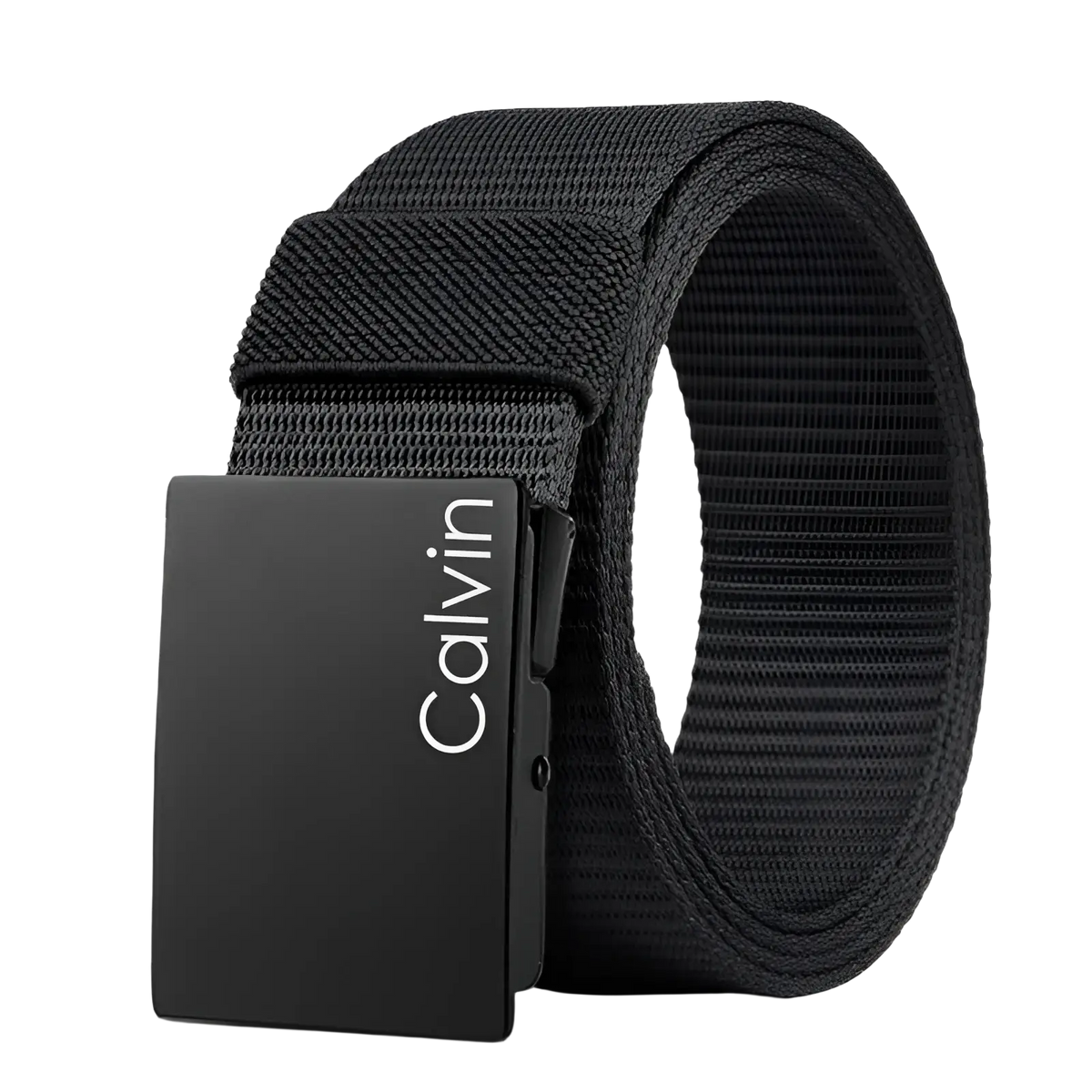 Men canvas belt in black featuring a woven fabric strap and a matte finish rectangular automatic buckle