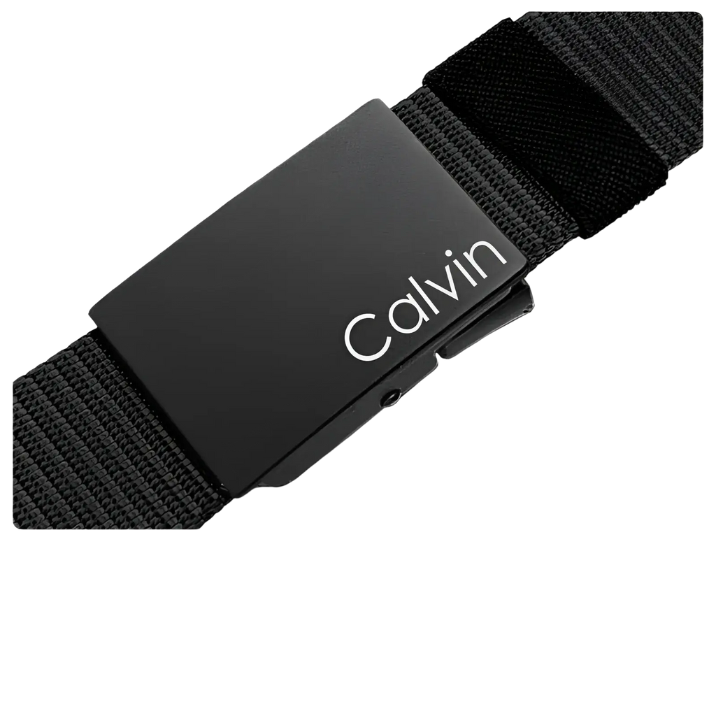 Black calvin klein men canvas belt with matte finish metal automatic buckle and woven fabric strap