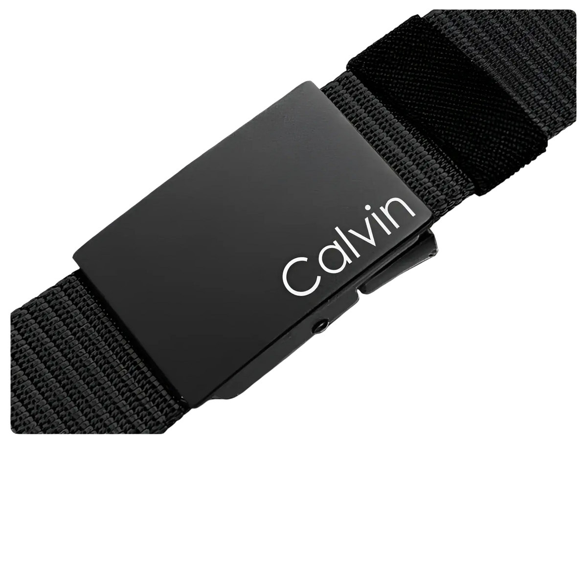Black calvin klein men canvas belt with matte finish metal automatic buckle and woven fabric strap