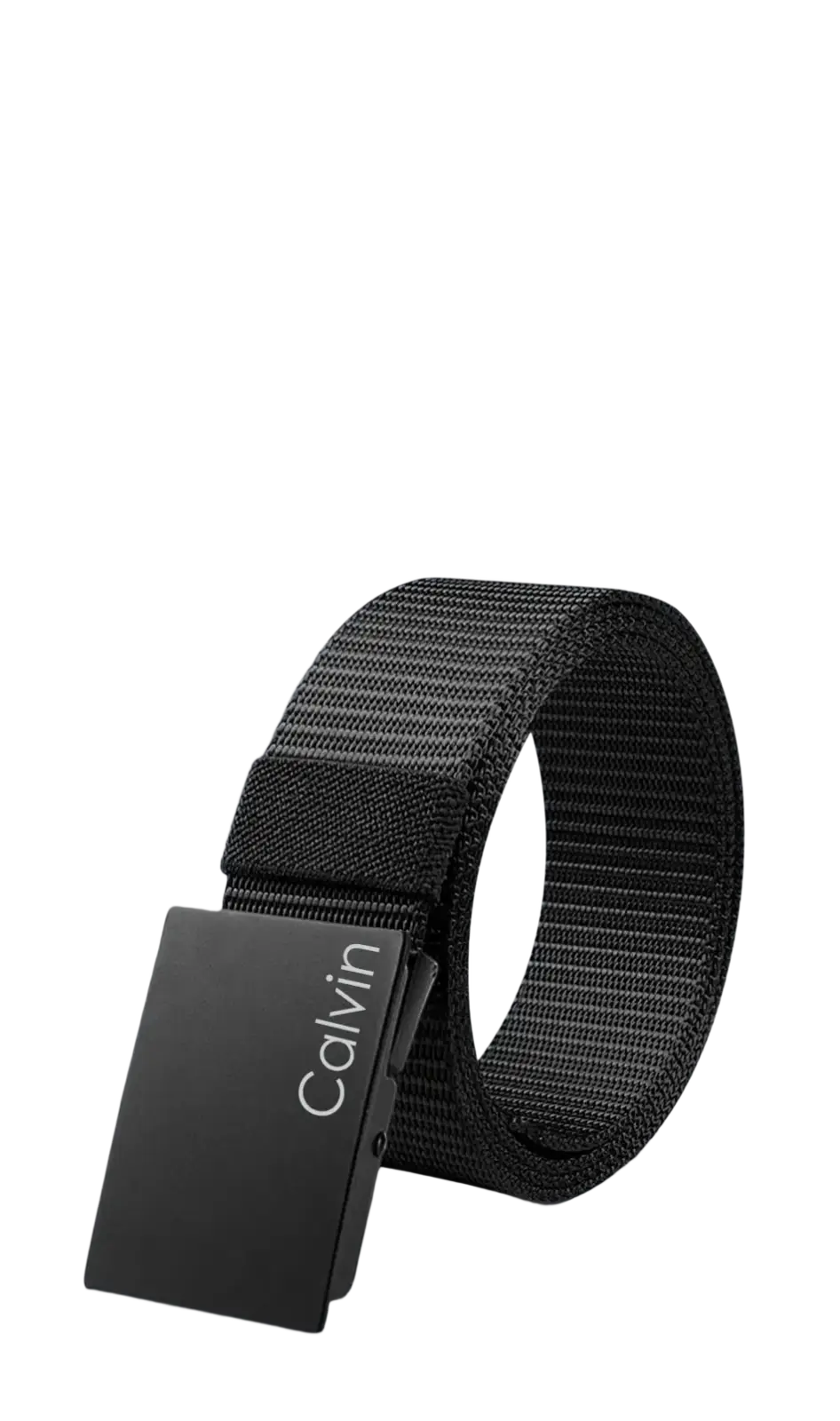Black Calvin Klein men canvas belt with woven texture and sleek rectangular matte automatic buckle