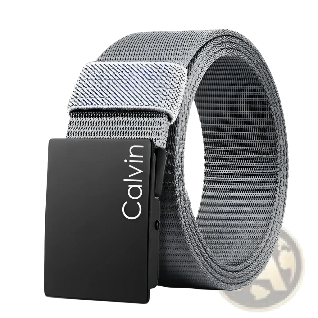 Gray men canvas belt with a black matte automatic buckle made of durable canvas material