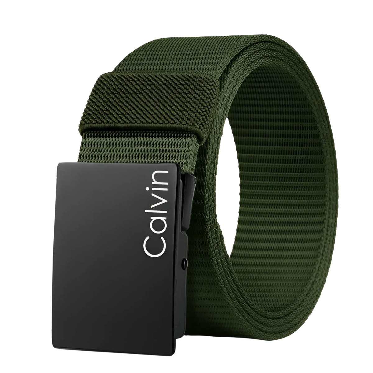Men canvas belt in olive green with black matte automatic buckle featuring calvin brand name in white lettering