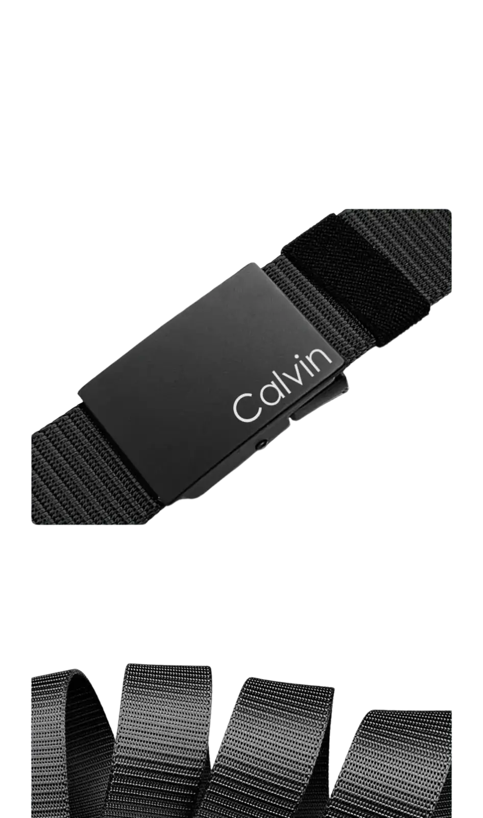 Black woven men canvas belt with matte automatic buckle engraved with calvin brand name