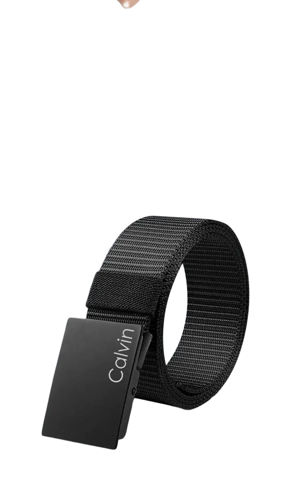 Black woven calvin klein men canvas belt with matte automatic rectangular buckle in black material