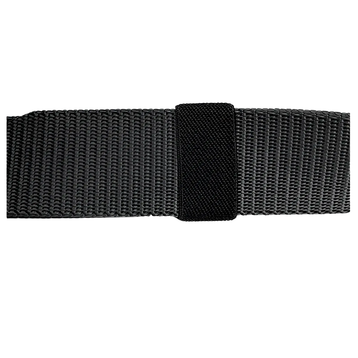 Black woven fabric tail belt loop with matching elastic strap of men canvas belt matte automatic buckle black shown from back side