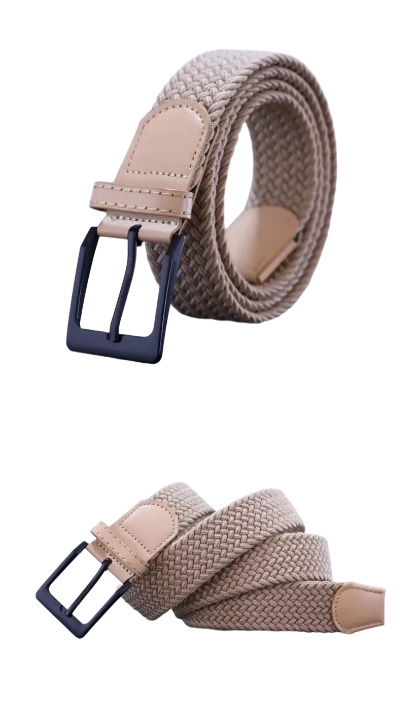 Men canvas elastic tactical belt beige woven with black metal pin buckle and tan leather accents
