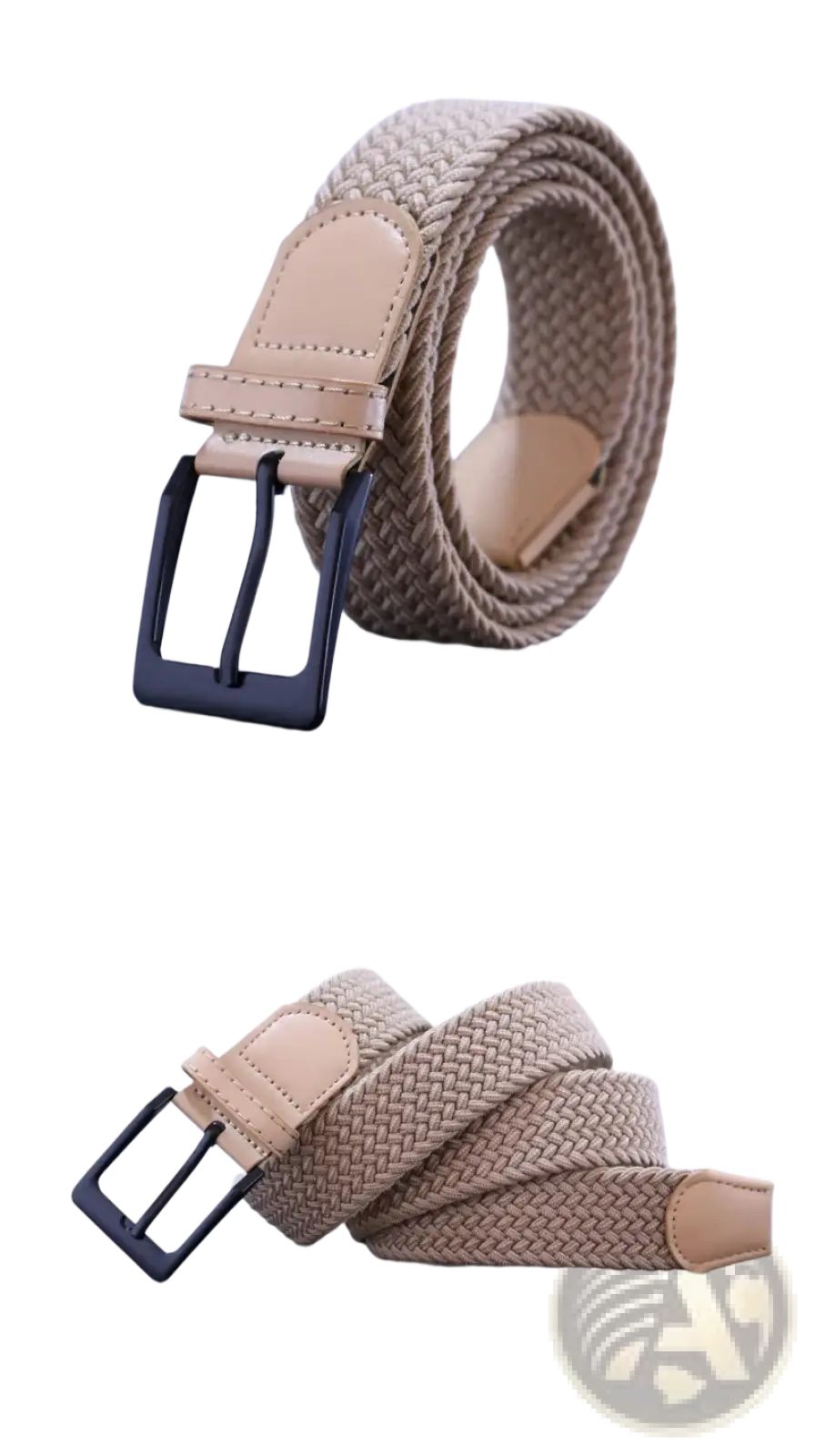 Men canvas elastic tactical belt beige woven with black metal pin buckle and tan leather accents