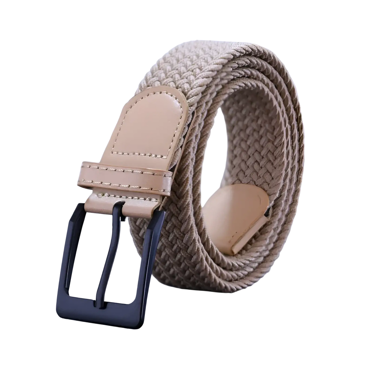 Beige woven fabric men canvas elastic tactical belt with black metal pin buckle and tan leather tab