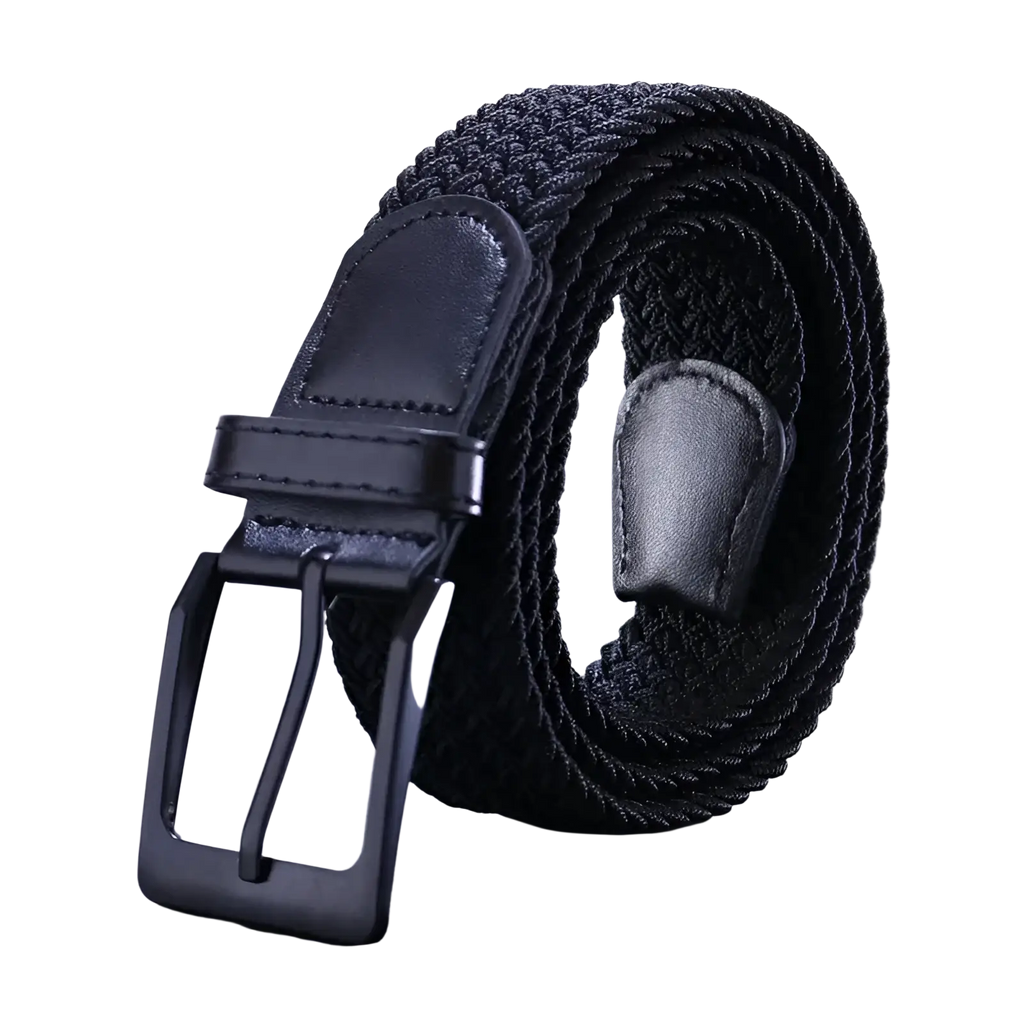 Men canvas elastic tactical belt with black woven design matte black metal pin buckle and leather accents