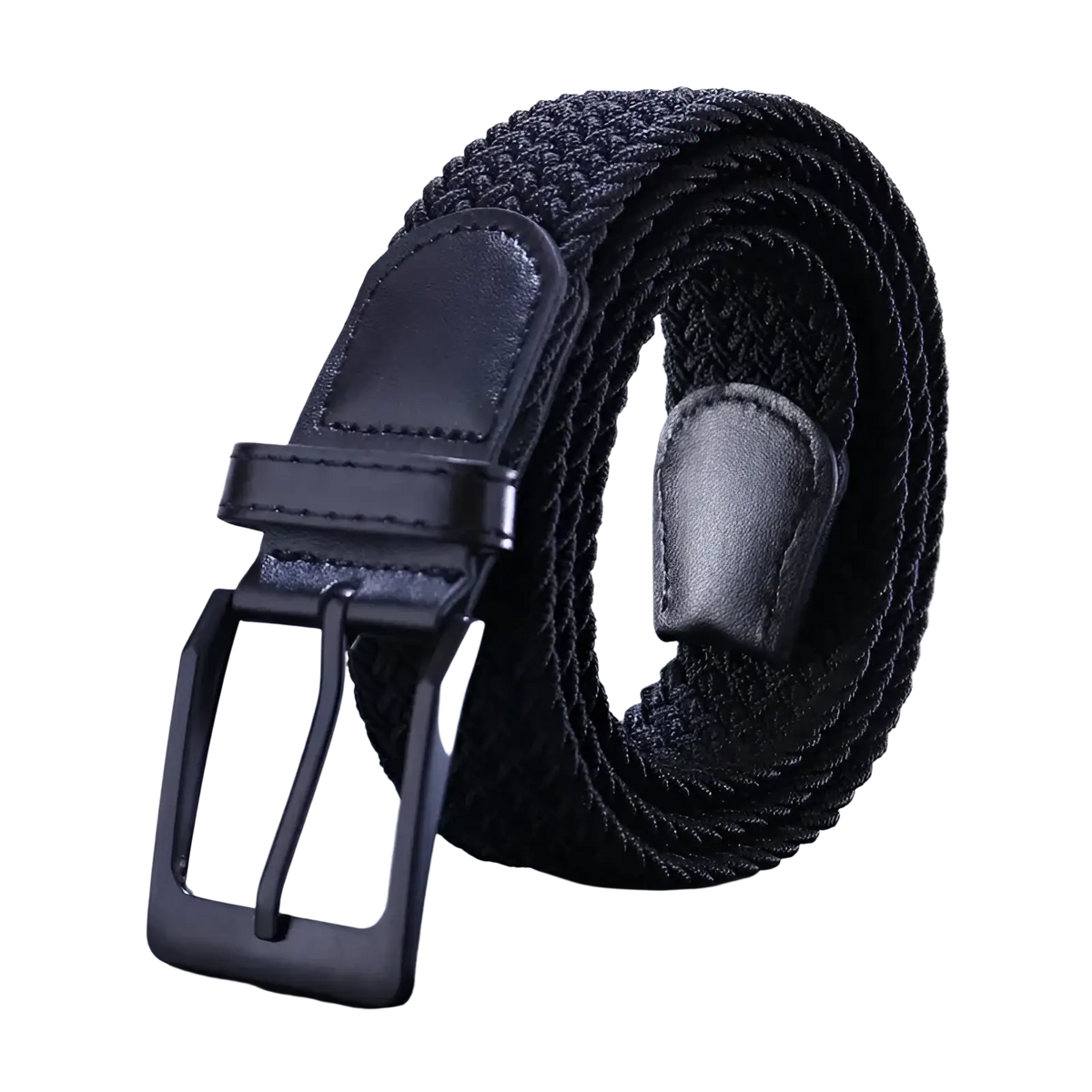 Men canvas elastic tactical belt with black woven design matte black metal pin buckle and leather accents