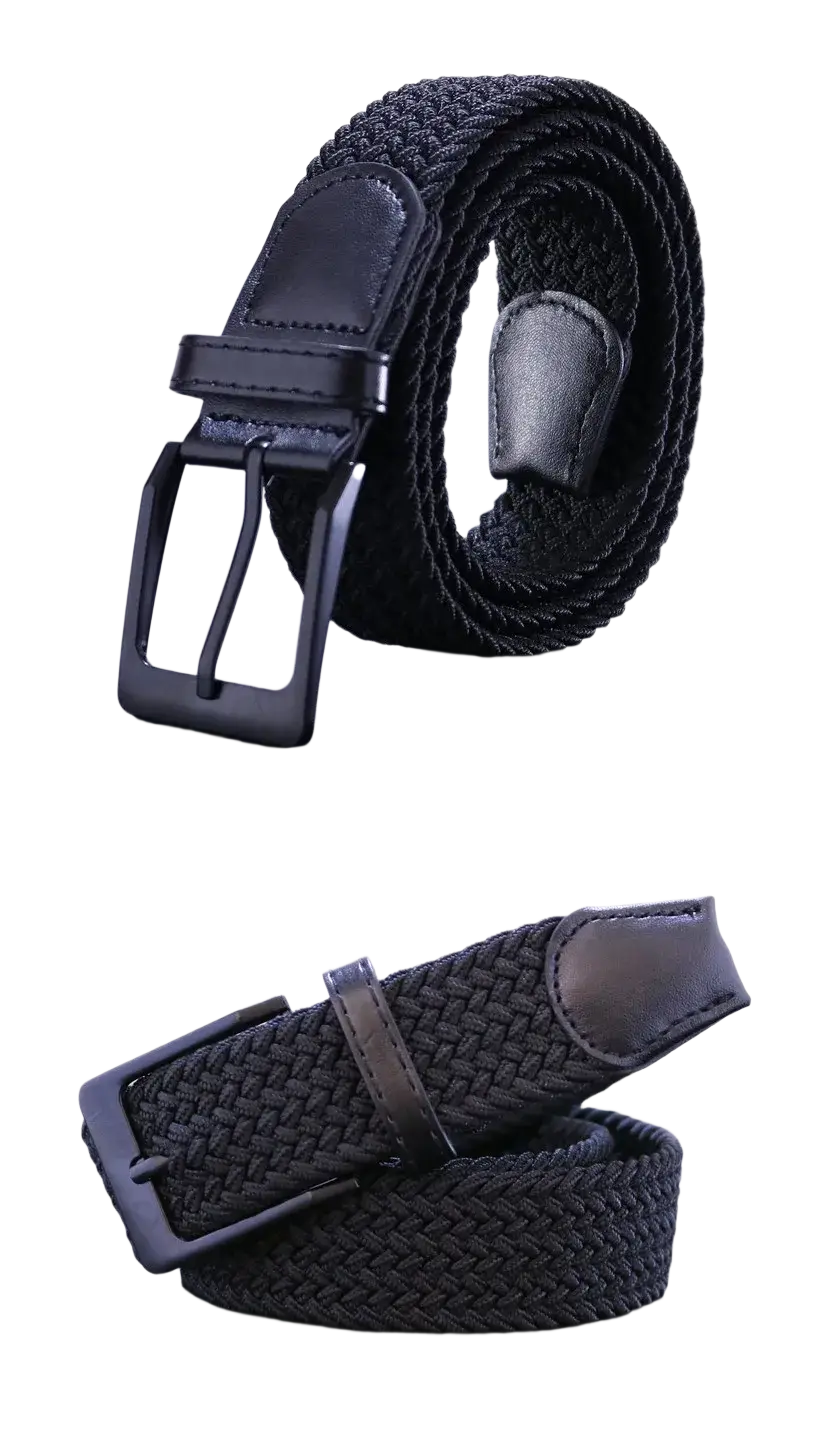 Men canvas elastic tactical belt with black woven fabric, matte black metal pin buckle, and leather accents