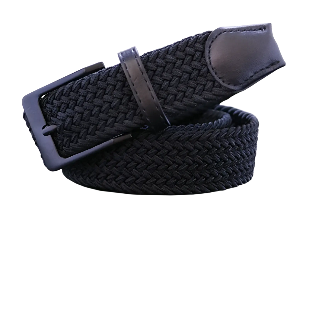 Men canvas elastic tactical belt with black woven elastic, matte black plastic pin buckle, and leather accents