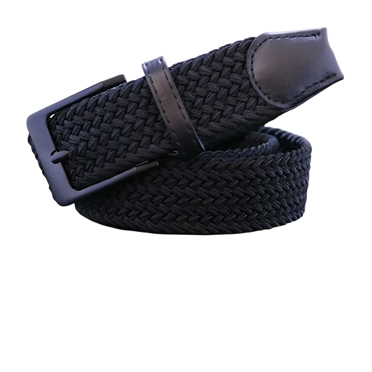 Men canvas elastic tactical belt with black woven elastic, matte black plastic pin buckle, and leather accents