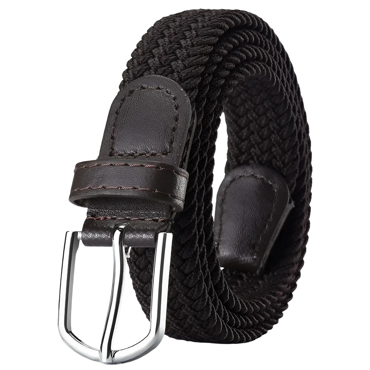 Men canvas elastic tactical belt featuring black woven elastic, brown leather tab, and silver-toned pin buckle