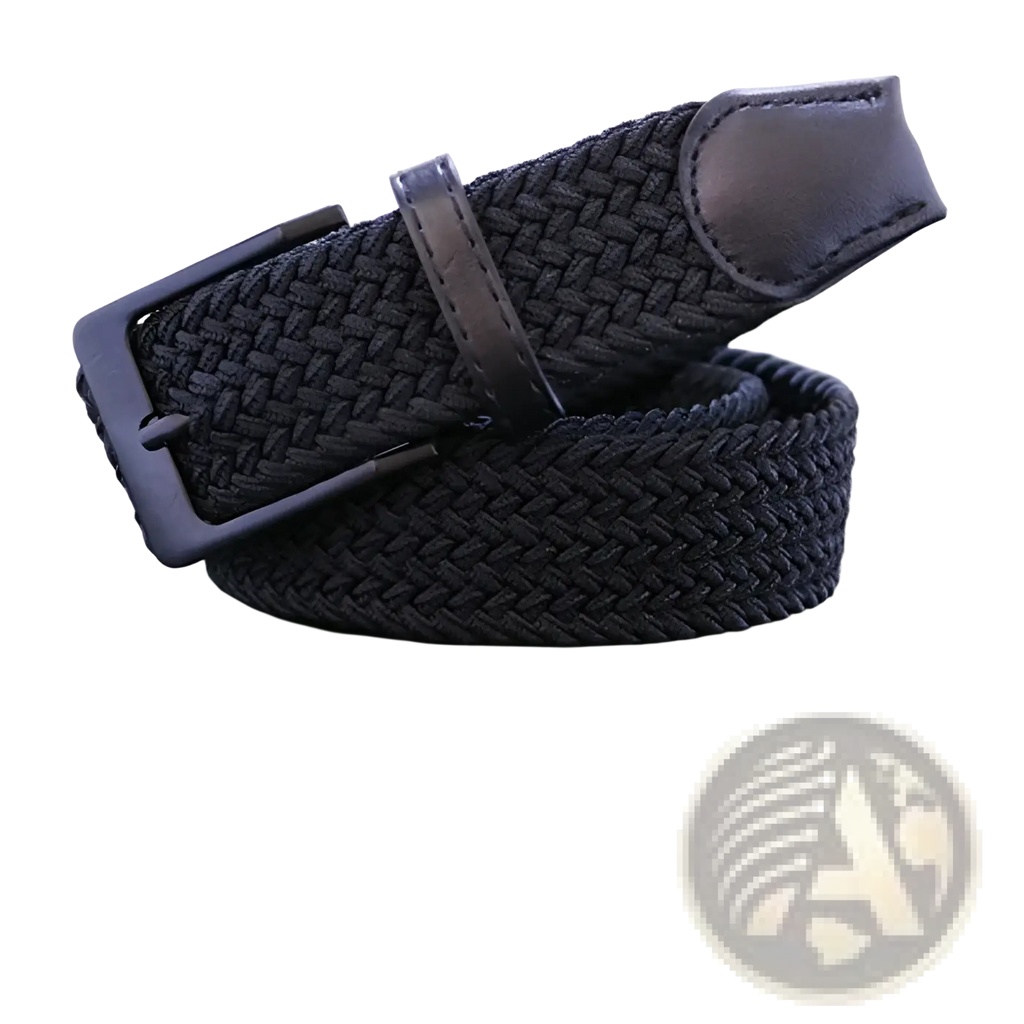 Men canvas elastic tactical belt with black woven elastic, matte black plastic buckle, and leather accents