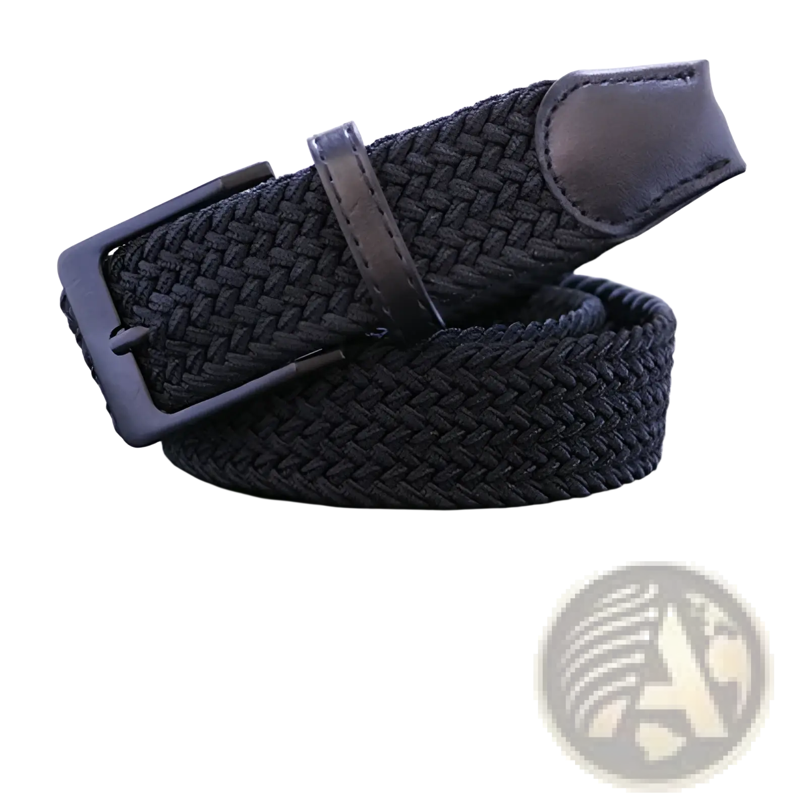 Men canvas elastic tactical belt with black woven elastic, matte black plastic buckle, and leather accents