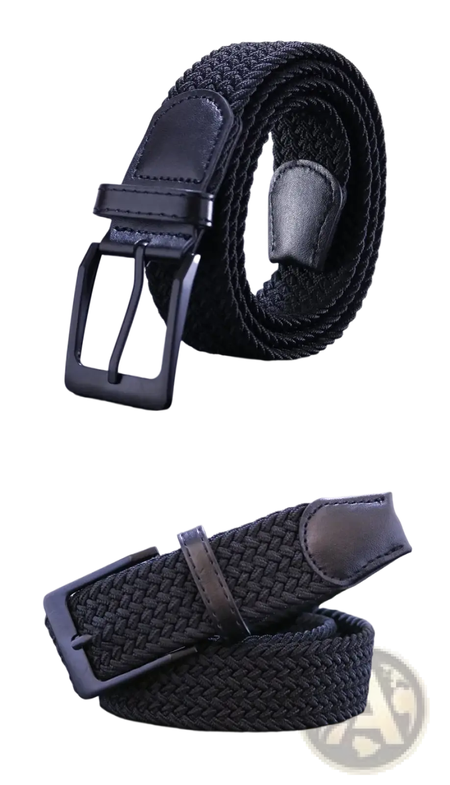 Men canvas elastic tactical belt with black woven fabric, matte black metal pin buckle, and leather accents