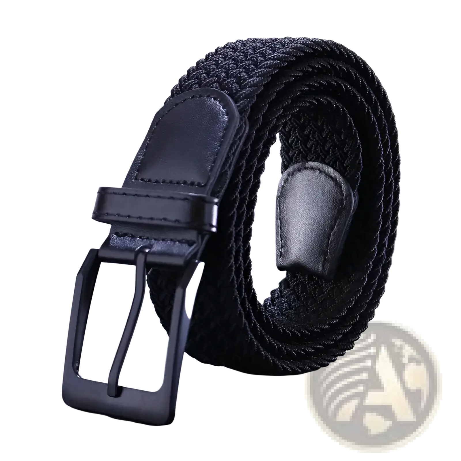 Men canvas elastic tactical belt with black woven design matte black metal pin buckle and leather accents