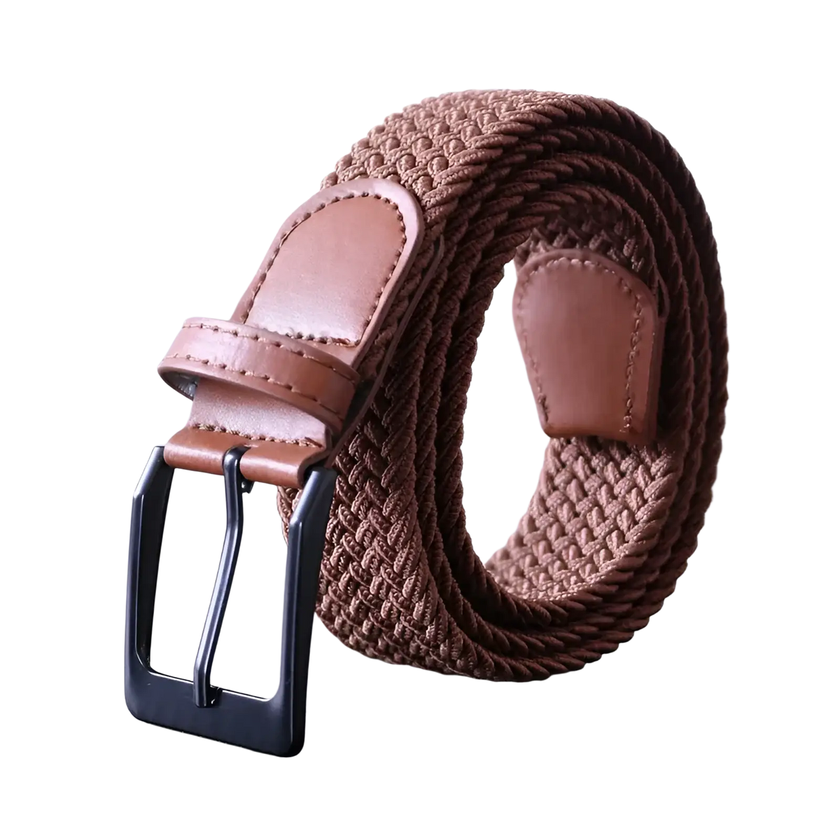 Men canvas elastic tactical belt featuring a brown woven strap with tan leather accents and a black pin buckle