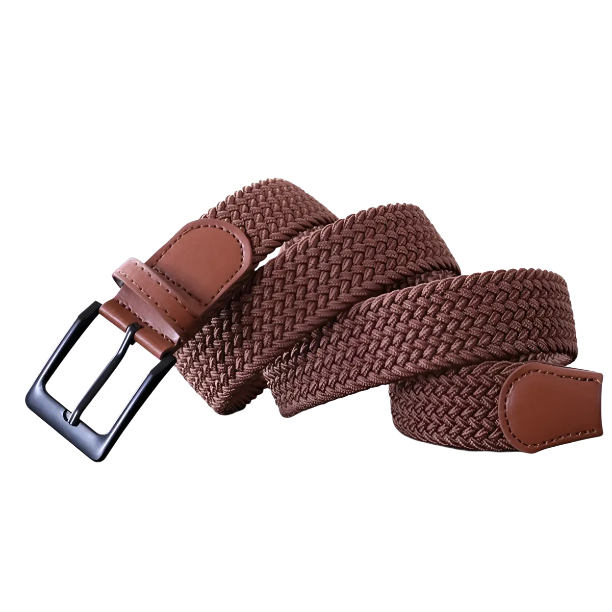 Men canvas elastic tactical belt in brown with black metal pin buckle and tan leather accents