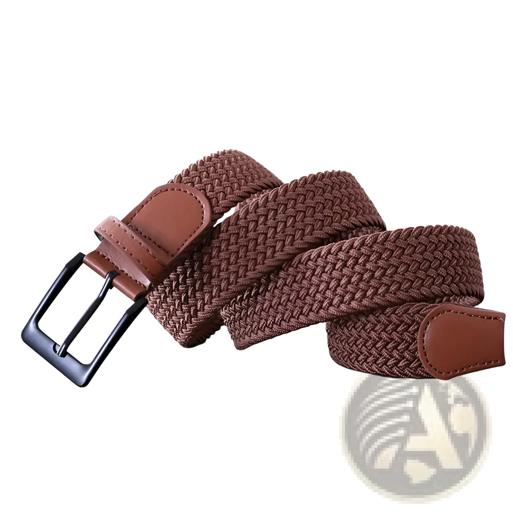 Men canvas elastic tactical belt in brown with black metal pin buckle and tan leather accents