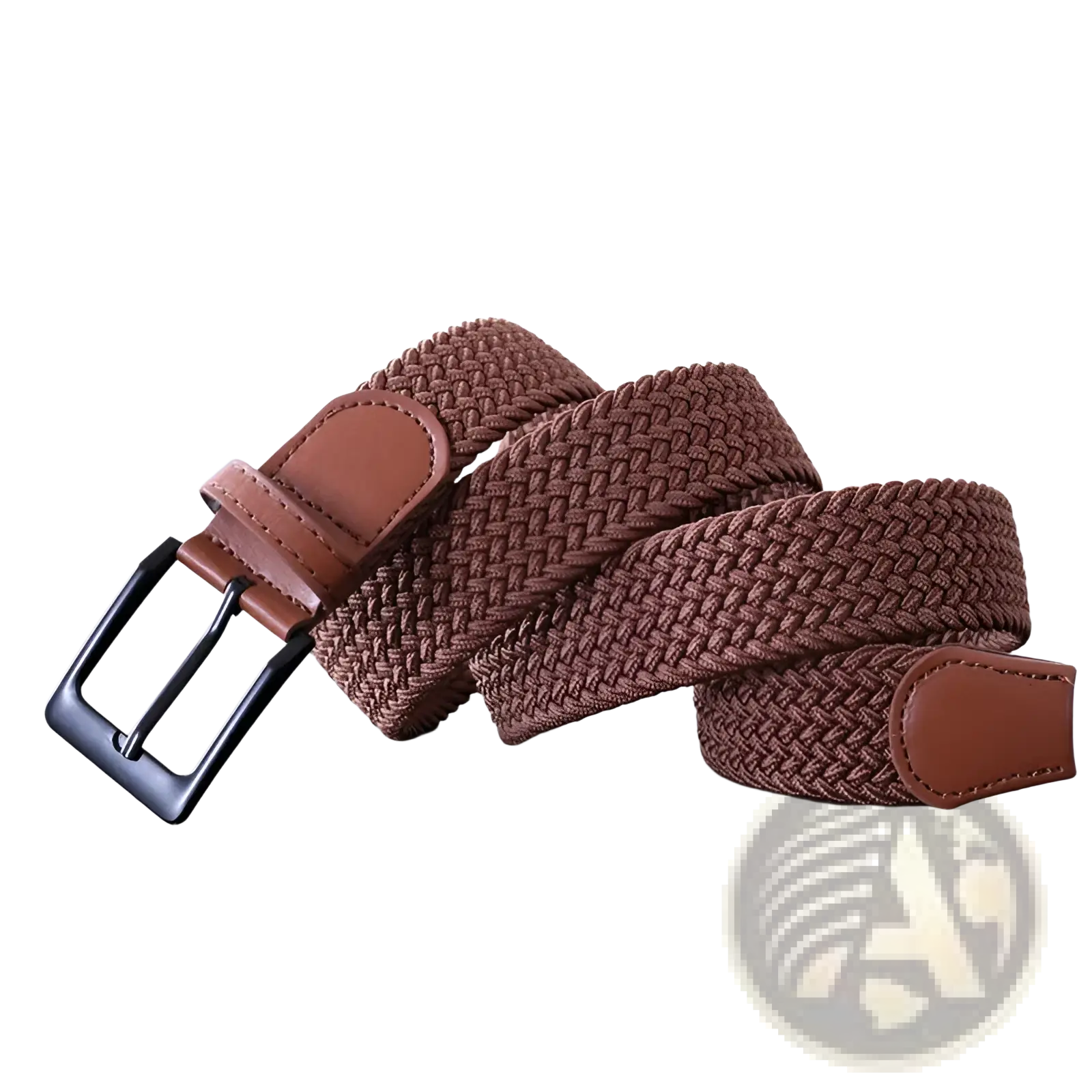 Men canvas elastic tactical belt in brown with black metal pin buckle and tan leather accents
