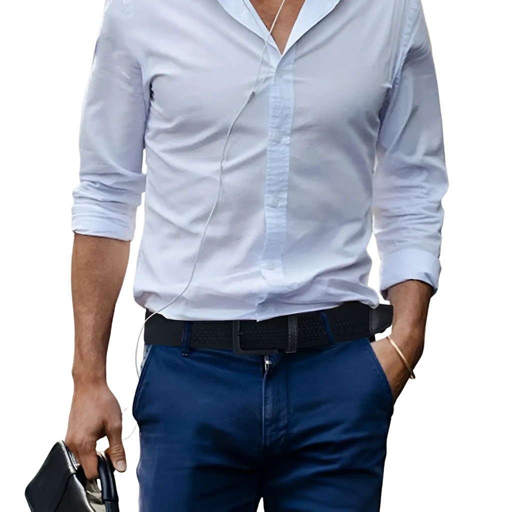 A light blue textured button-down shirt with rolled-up sleeves paired with a men canvas elastic tactical belt