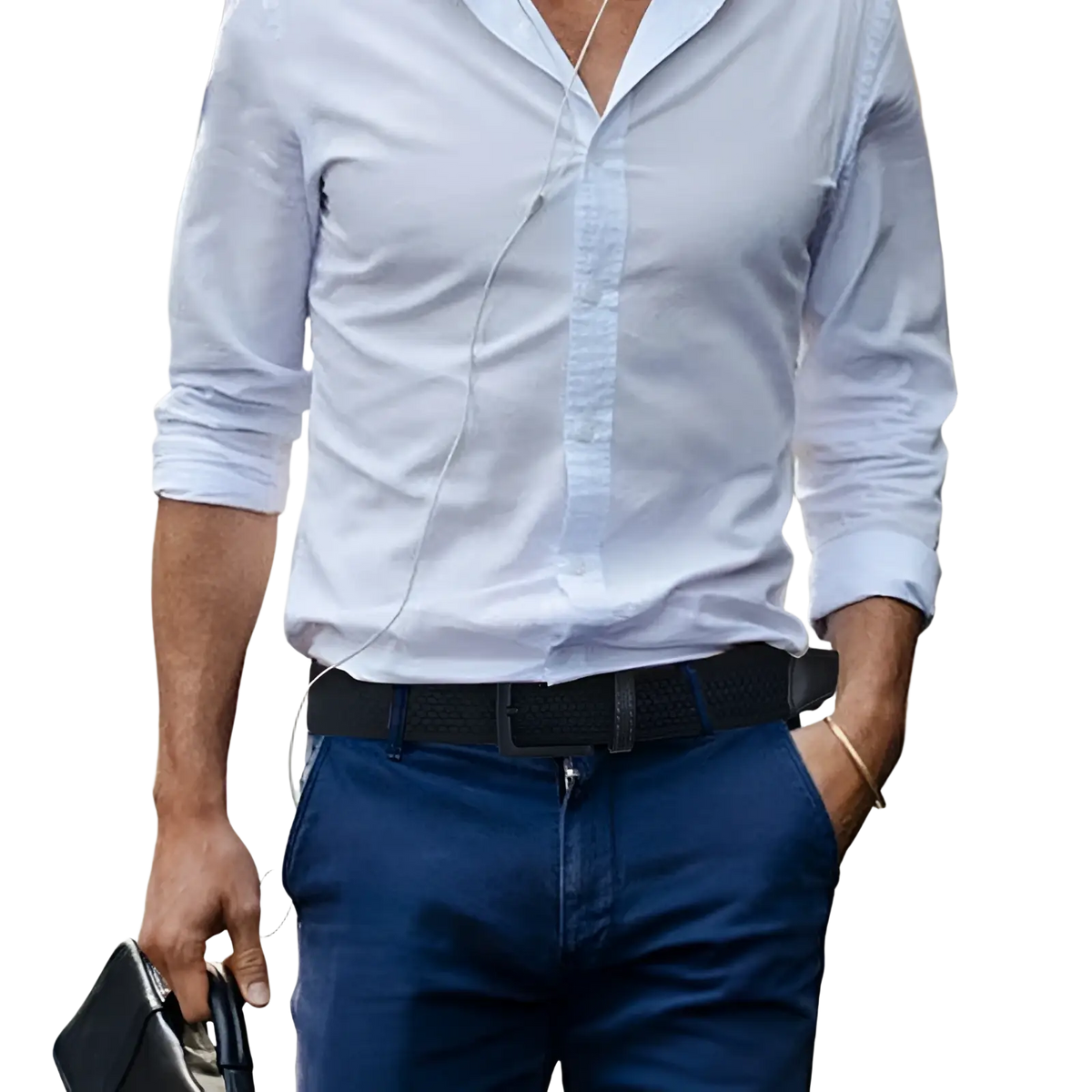 A light blue textured button-down shirt with rolled-up sleeves paired with a men canvas elastic tactical belt