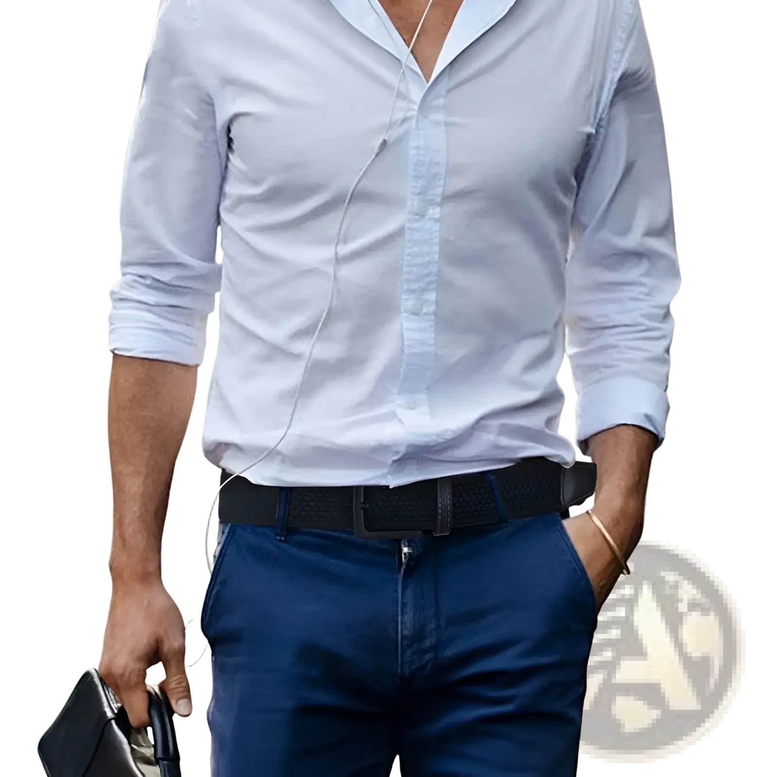 A light blue textured button-down shirt with rolled-up sleeves paired with a men canvas elastic tactical belt